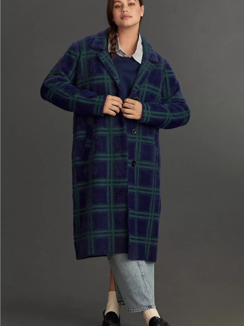 NVLT | Anthropologie Navy & Green Plaid Long Coat / Coatigan - XS